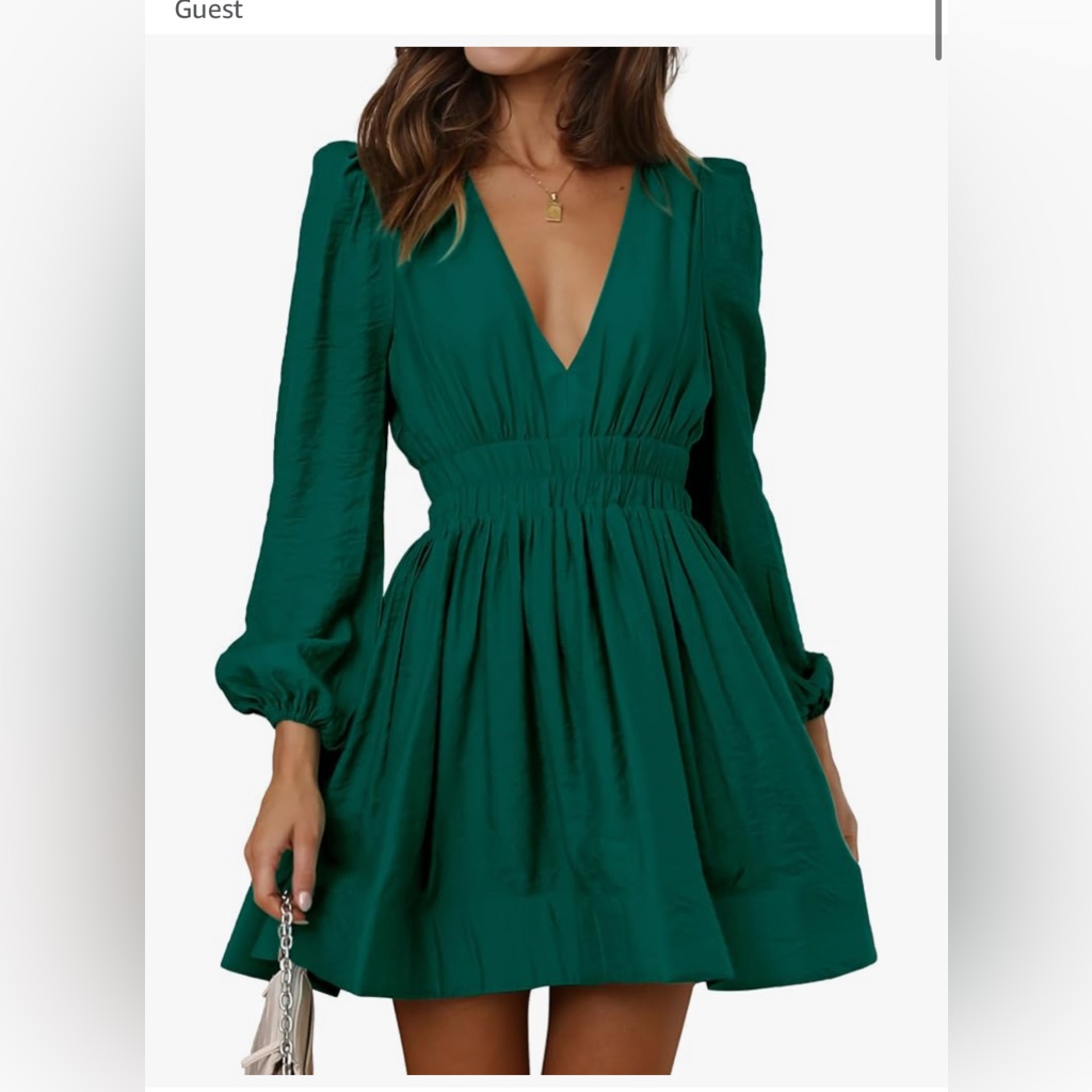 New Green Mini Deep V Long Sleeve Dress Flowy Dress Cocktail Wedding Guest Xl